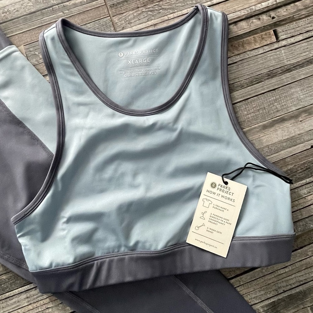 NWT PARKS PROJECT XL Matching Set Leggings & Sports Bra Blue Gray yoga hiker - Picture 2 of 6